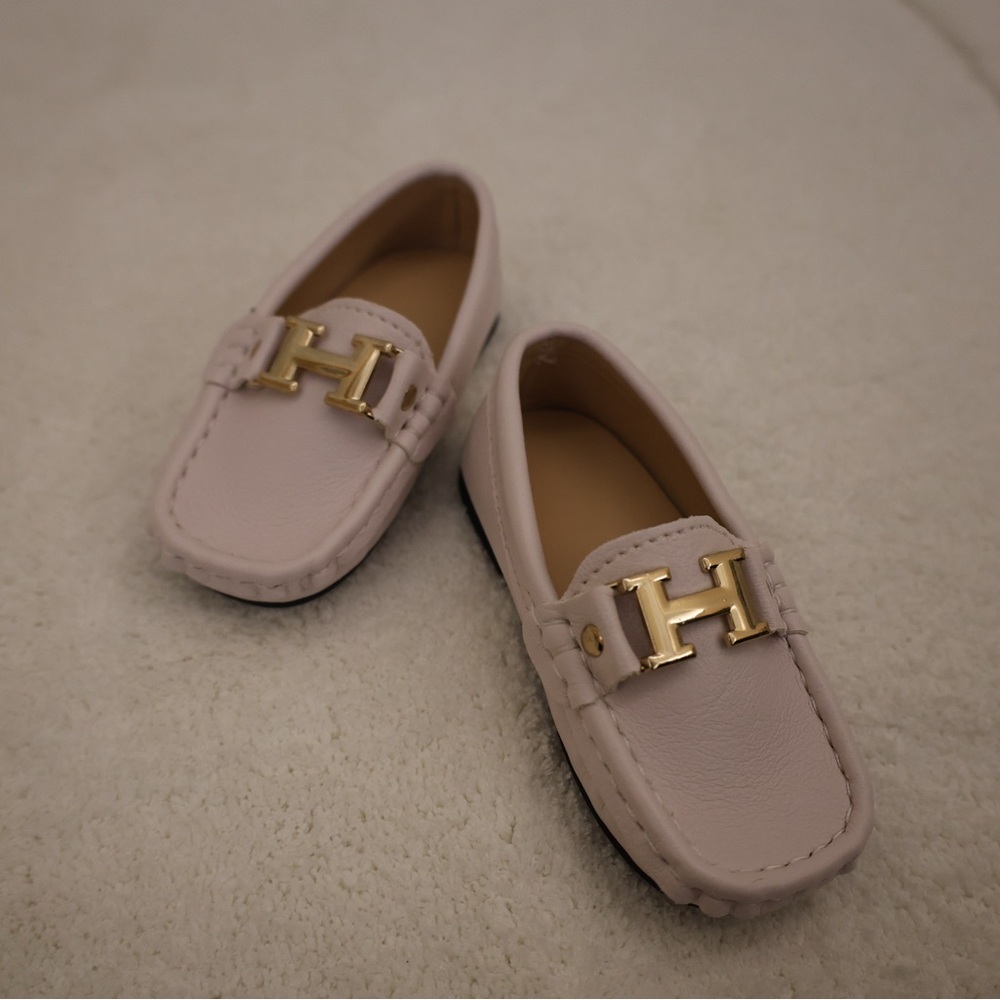 White Stylish Kids Loafers with Gold Accent